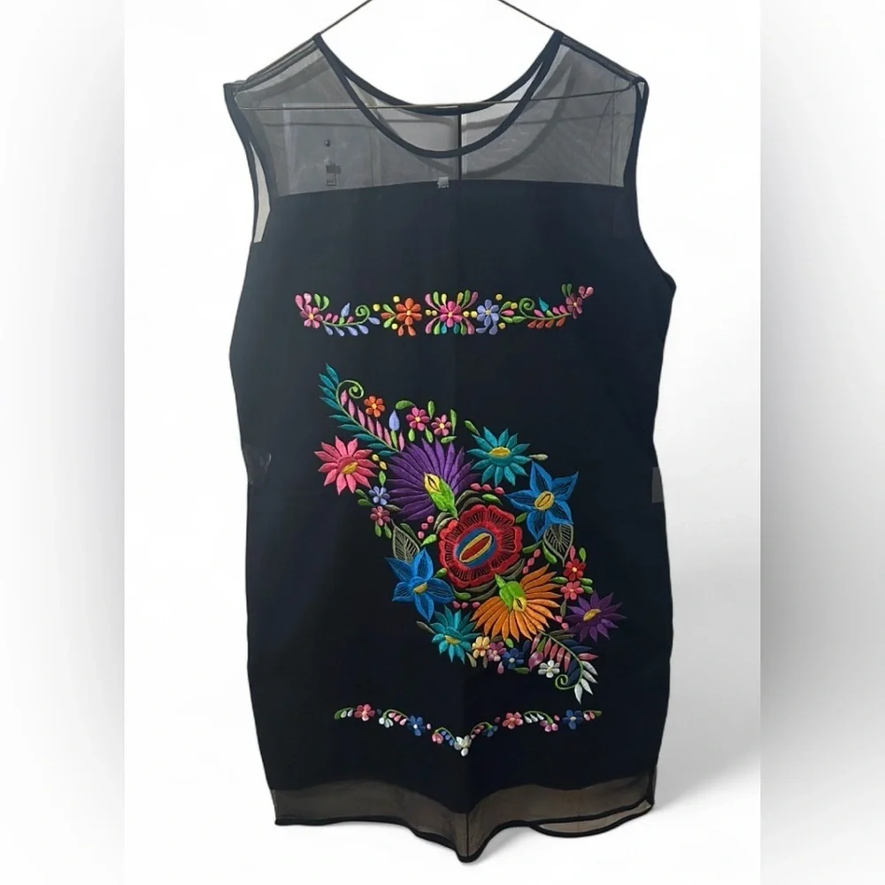 ARTISAN Multi-Color Floral Embroidered Mexican Dress Black Mesh Boho Tunic